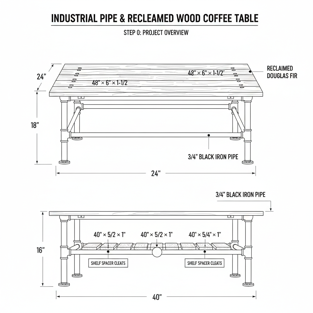 Industrial pipe and reclaimed wood coffee table with lower shelf