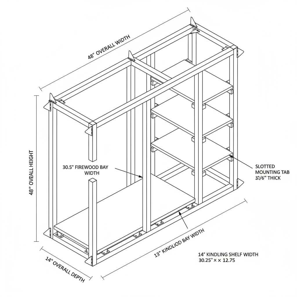 Steel and wood firewood rack with kindling shelf