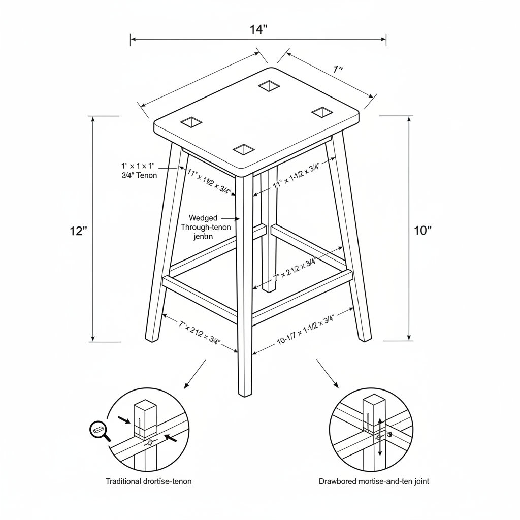 Shaker-style step stool with tapered legs and traditional joinery
