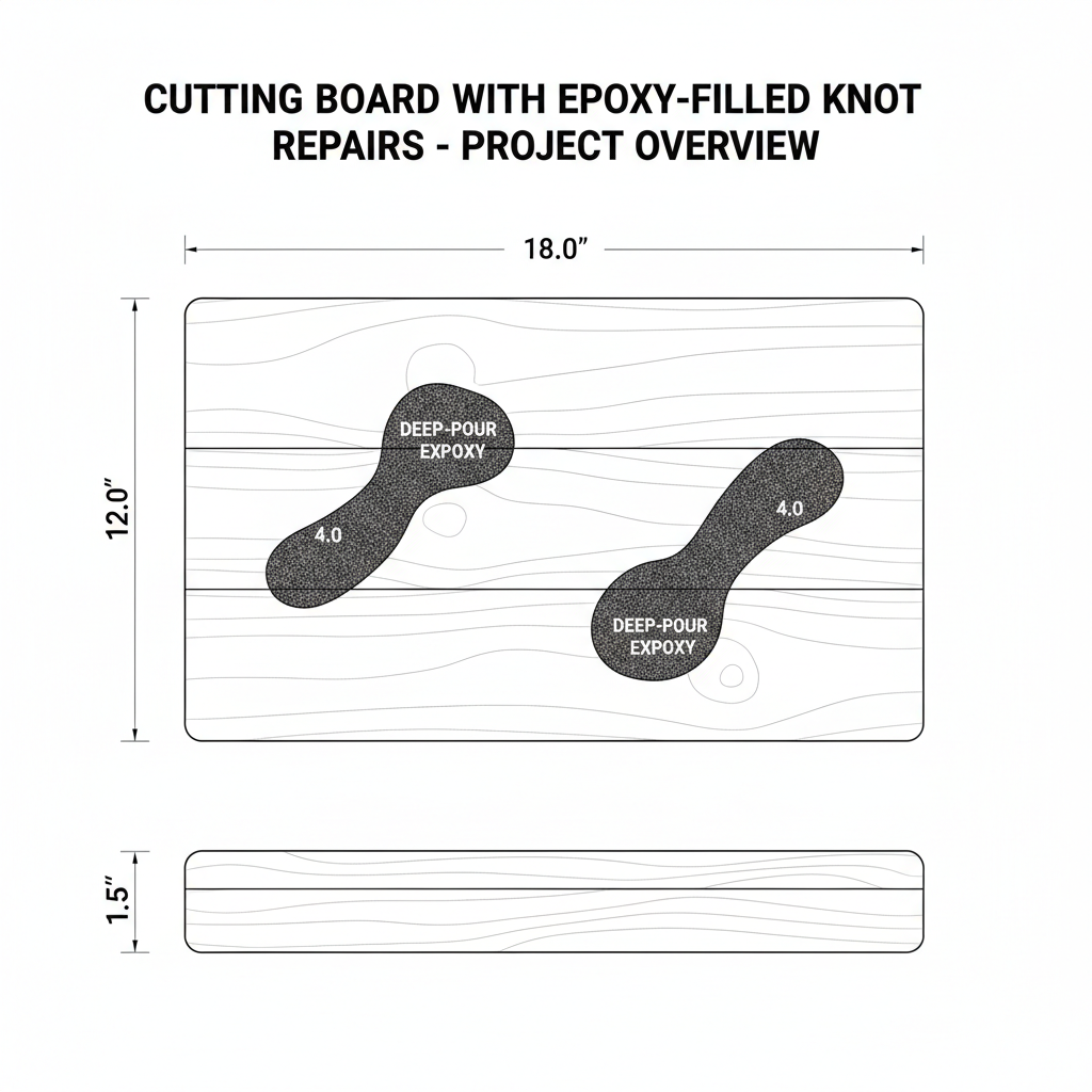 Cutting board with epoxy-filled knot repairs