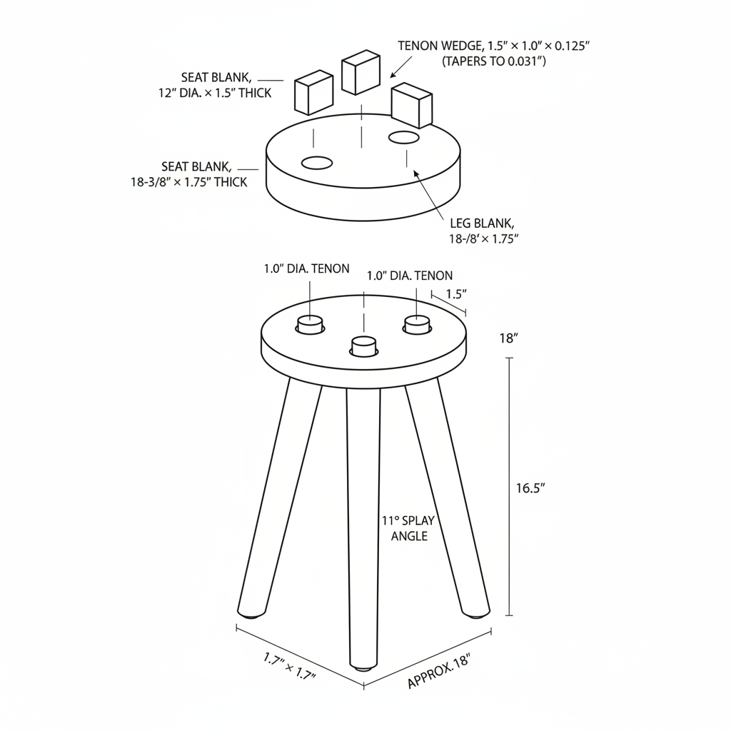 Three-legged stool with wedged through-tenons