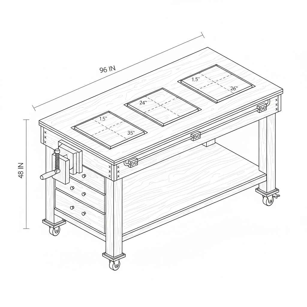 Yep. And now that we've settled on the 1-inch plain smooth steel rod, I'll bake that into the design rather than asking AIWoodworker to figure out the pivot system itself. I also want AIWoodworker thinking buildable first, pretty second—actual framing, clearances, reinforcement, fasteners, cut list, and assembly sequence. AIWoodworker Prompt — 96" Heavy-Duty Triple Flip-Top Workbench Design a structurally sound, extremely heavy-duty, mobile woodworking workbench that can actually be built using commonly available lumber, plywood, steel hardware, and standard woodworking tools. This is NOT a conceptual furniture design. Treat this as a real fabrication project. Structural rigidity, tool support, flip-top alignment, resistance to racking, serviceability, and safe operation are priorities.