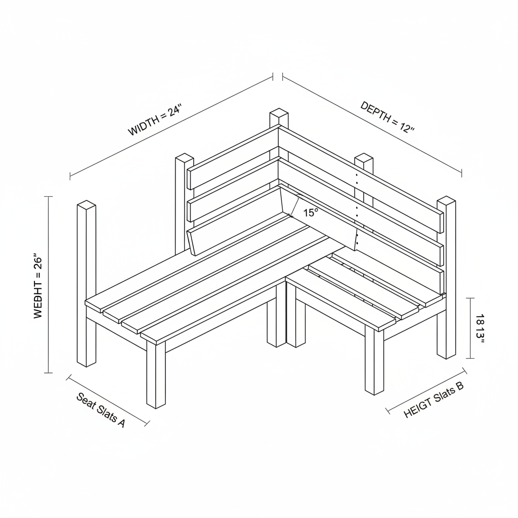 L shaped bench for patio. Long side 168 inches, short side 66 inches. Seats 18 inches backrests 18 inches at a 15° back tilt