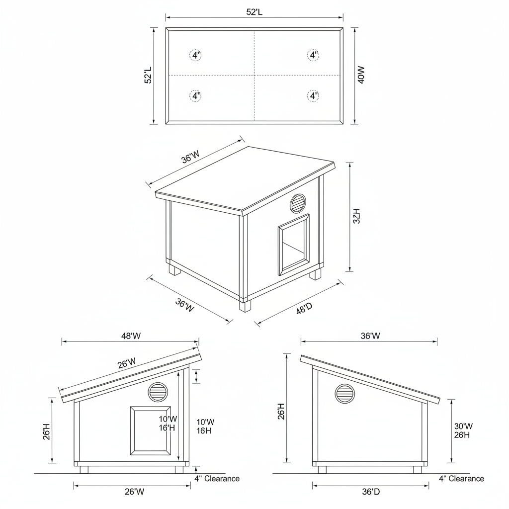 Generate a 3D blueprint for a dog house with these specs: - 2 medium runt dogs (Boxer + Husky, ~19-21" shoulder height) - California climate, on concrete under tarp - Interior: 36"W x 48"D, 30" tall back, 26" tall front (sloped roof) - Door: 10"W x 16"H, offset to one side - Raised 4" off concrete on 2x4 runners - 2" roof overhang, 4" vents near top of front/back walls - Materials: ACX plywood, pressure-treated runners, rigid foam insulation under floor only, white paint - Cut list: Floor 36x48, Back 48x30, Front 48x26 (with 10x16 door), Side 36x30 tapering to 26 (x2), Roof 40x52 - Please show: 3D view, front view, side view, top-down view
