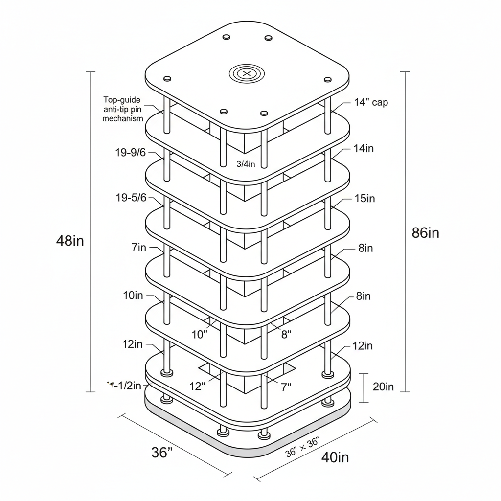 I want you to create an EXTREMELY DETAILED, BEGINNER-FRIENDLY BUILD INSTRUCTION MANUAL for the custom rotating shoe tower shown in my uploaded reference image.