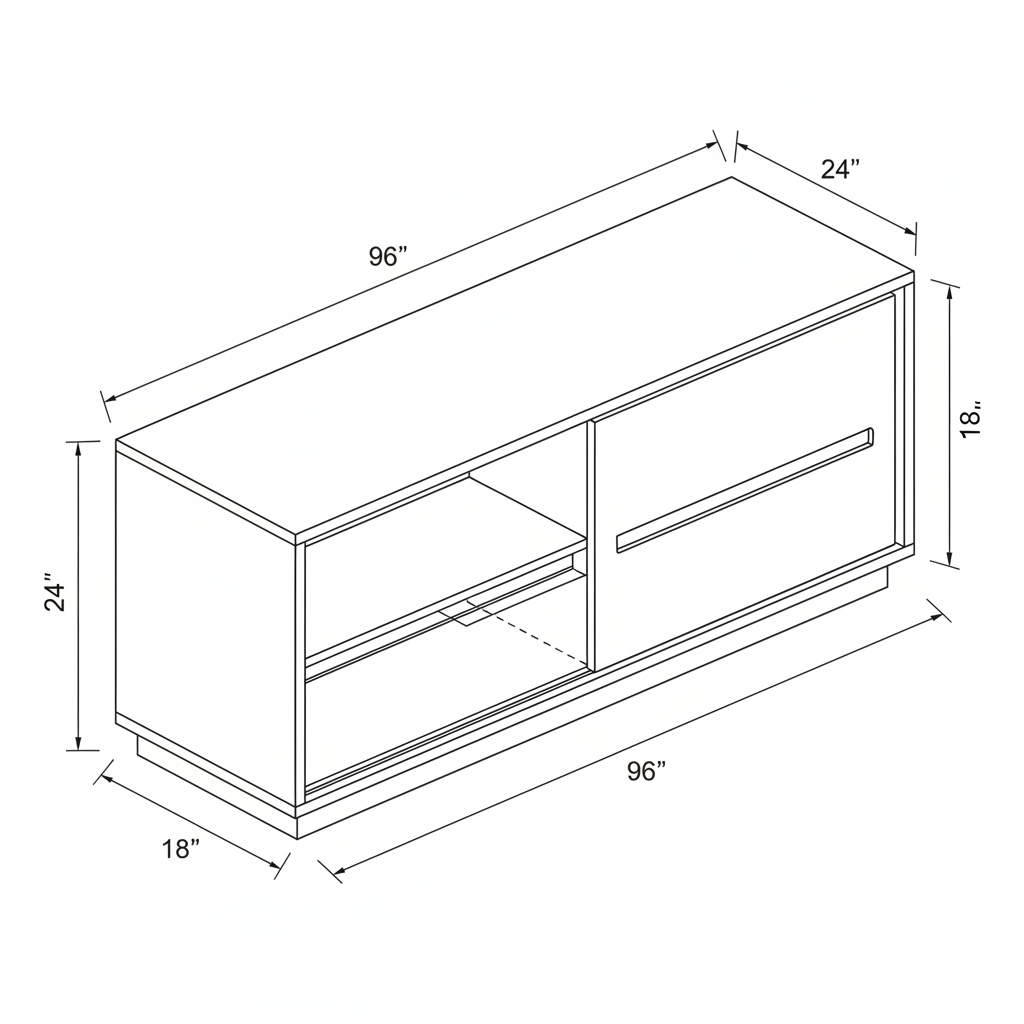 a cabinet with one midpoint shelf with sliding doors. 8 feet long, 2 feet high, 18 inches deep