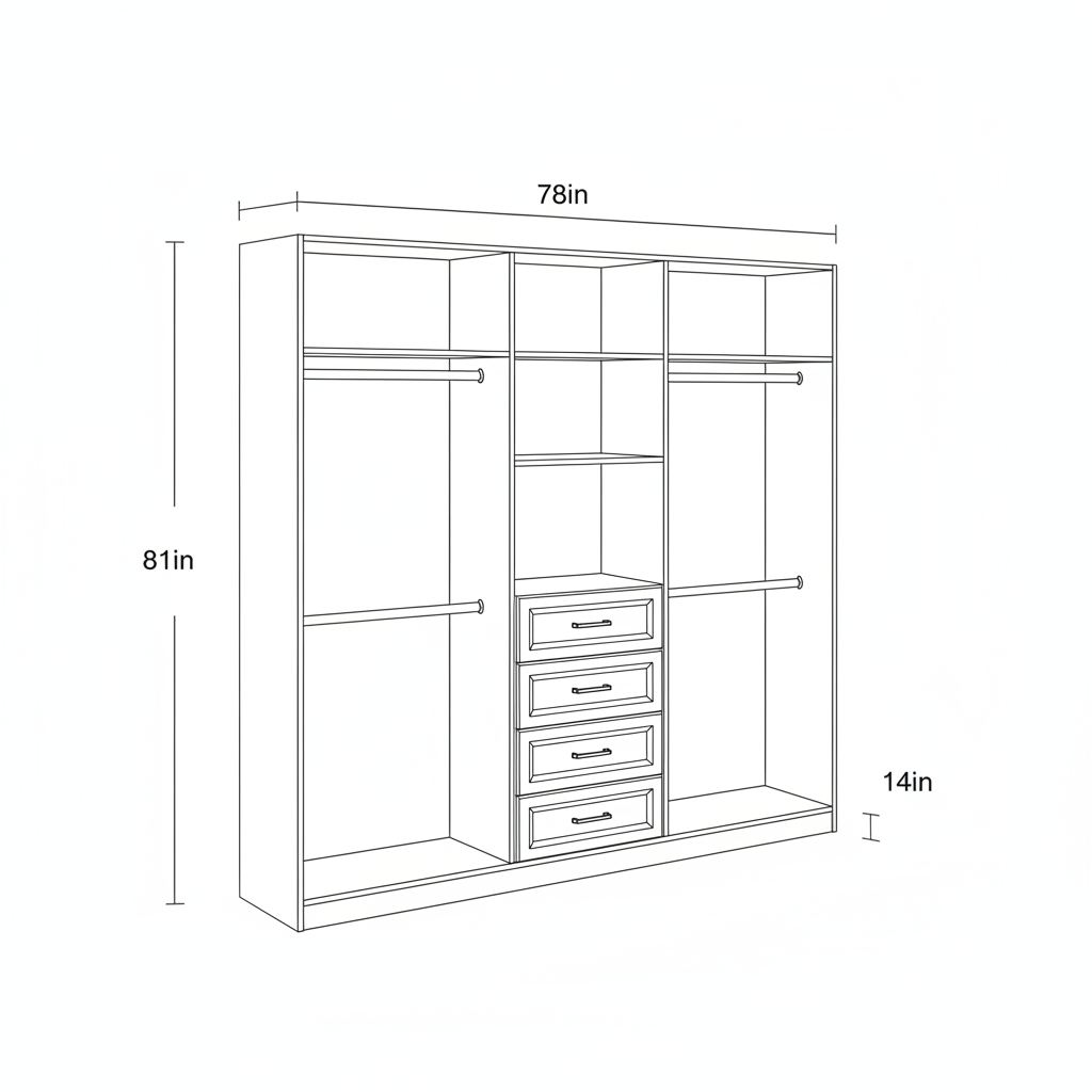 A plywood closet organizer with three hanging rods and four drawers go, buddy