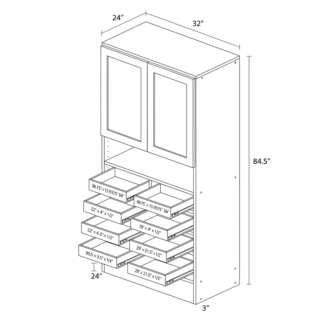 a kitchen pantry with pull out shelves. 32" wide, 24" deep, 84.5" tall