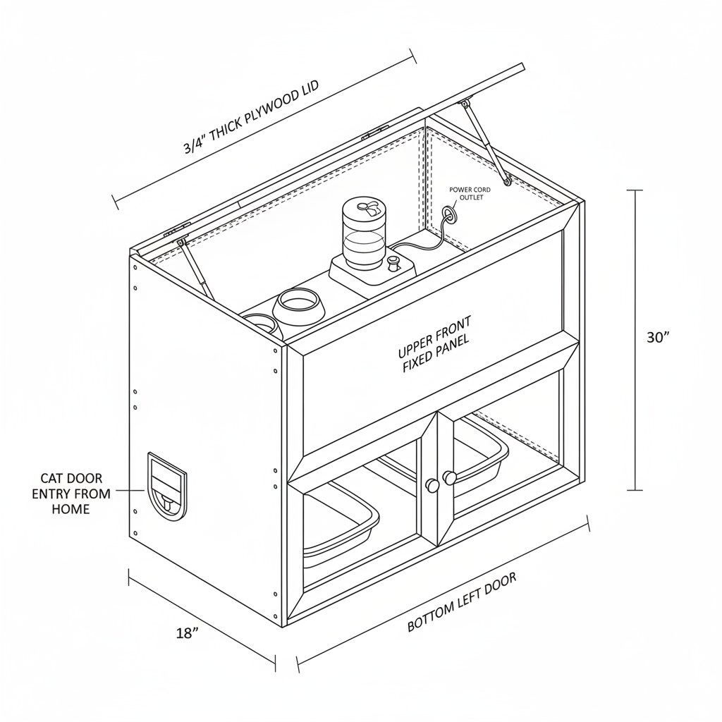 I want to build or buy a cat litter box enclosure double layer for food and water on top for garage. I will have a cat door going from the inside directly into the enclosure with the litter on the bottom and then a way for the cat to go up to the food and water. I also need a way to open it to change the litter, and fill the food and water. The garage doesn't get super hot, but I want to make sure she doesn't get hot or cold in there. The water is also an electric fountain so I would need to plug it in from an extension cord. Ideas? The area is like 33"longx18"deep