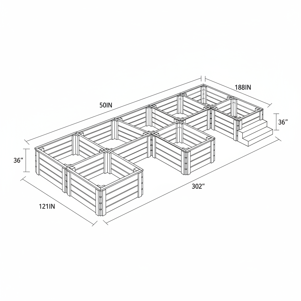 a long ground planter. wrapping around stairs int he backyard. from the left to right it will need to start at a point. the run along the stairs in 121 inches then back 50 inches and the run along the last wall is 181 inches. i want to separate it itno a modular build using 3ft by 3ft boxes and attach them.