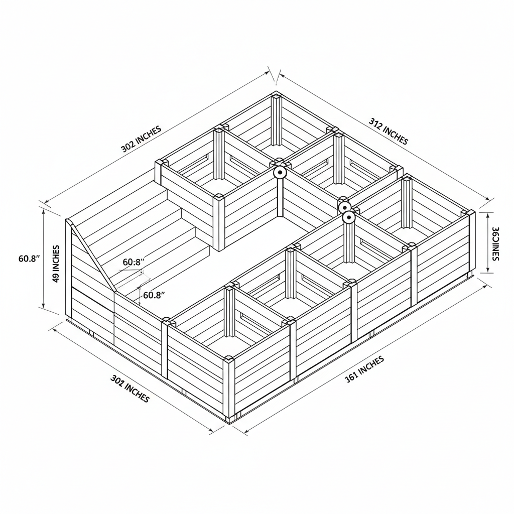 a long planter. wrapping around stairs in the backyard. from the left to right it will need to start at a angle and fill in to a square. the run along the stairs in 121 inches then back 50 inches and the run along the last wall is 181 inches. i want to separate it itto a modular build using 3ft by 3ft boxes and attach them.
