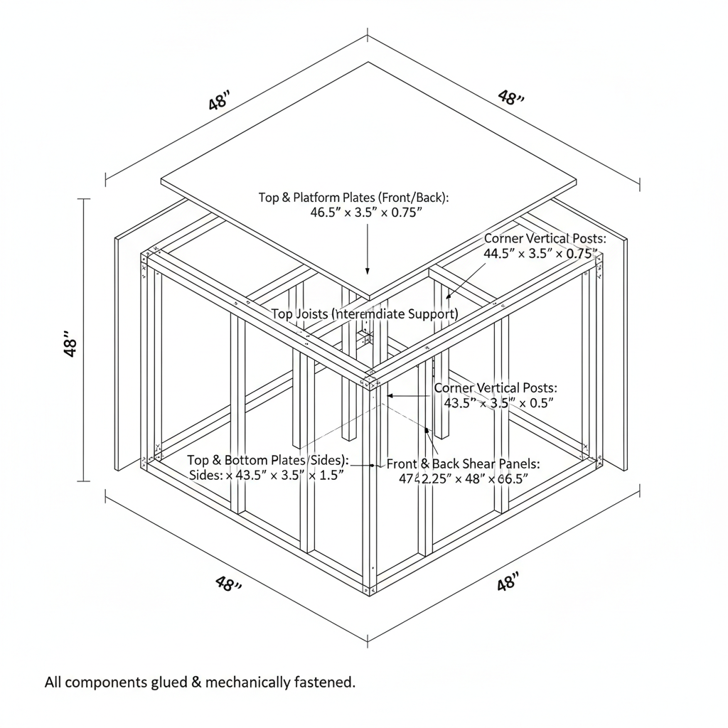 I need drawings and build plans for a 4ft x 4ft x 4ft plywood and 2x4 made cubes - for dancers to dance on top of safely.