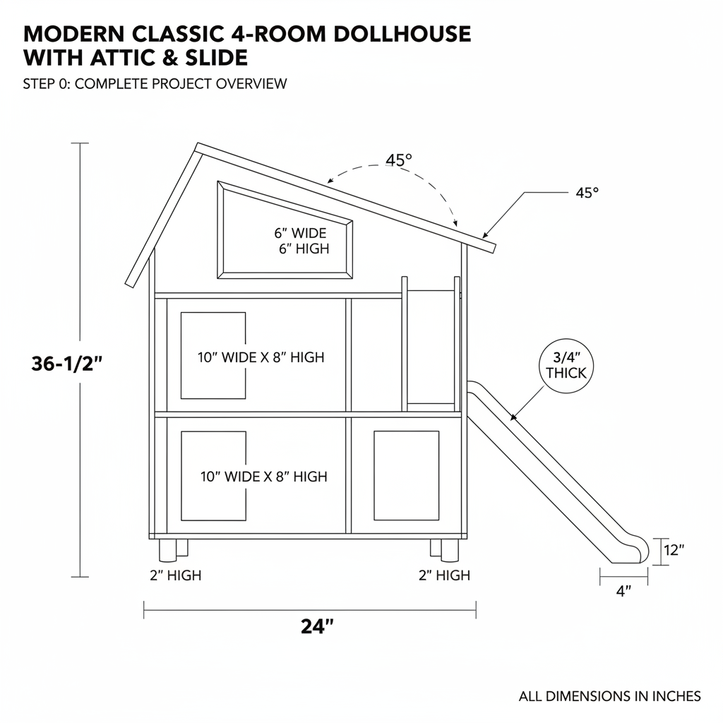A barbie doll house with 4 rooms and an attic with a slanted roof and a slide