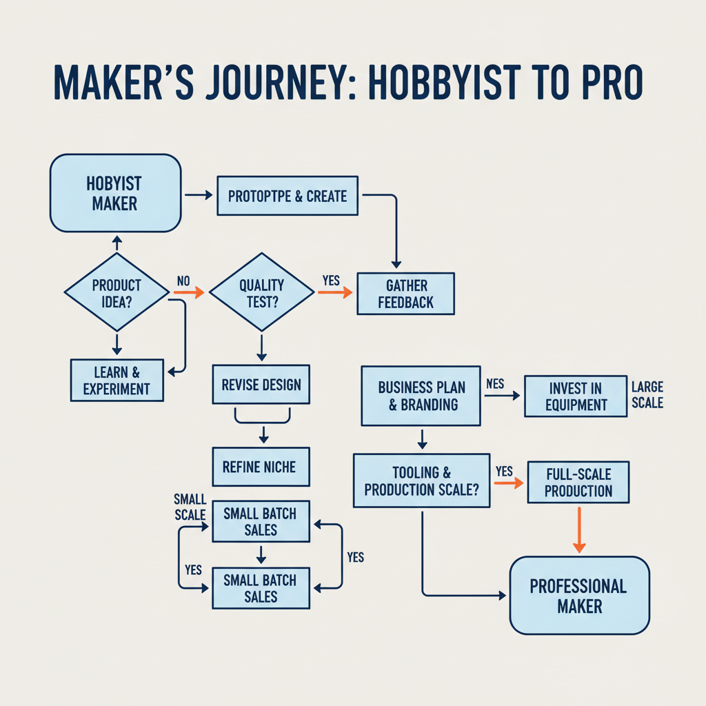 A flowchart showing the decision process from hobbyist to professional maker, including steps like quality testing, market research, and tool scaling.