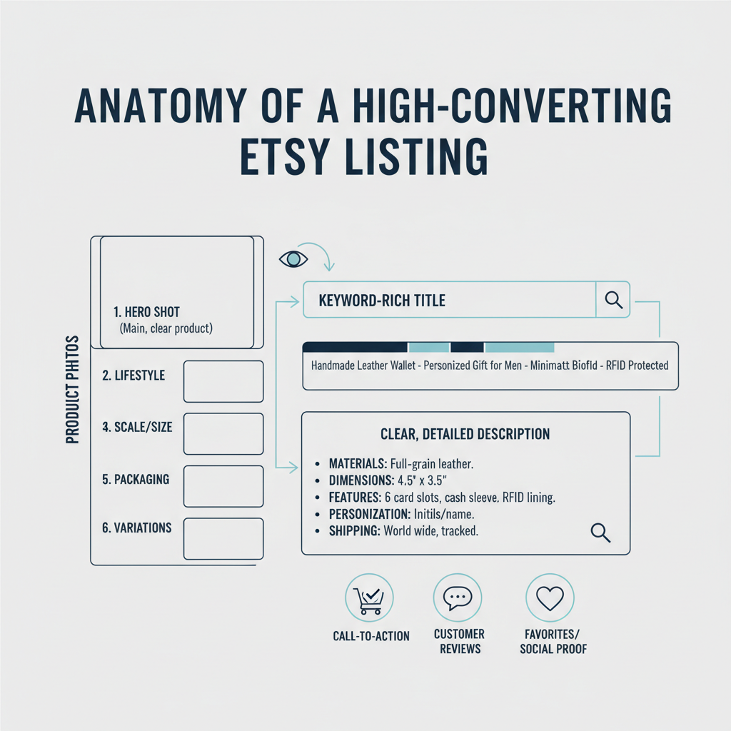 Anatomy of a high-converting Etsy listing showing photo placement, keyword-rich titles, and clear descriptions.