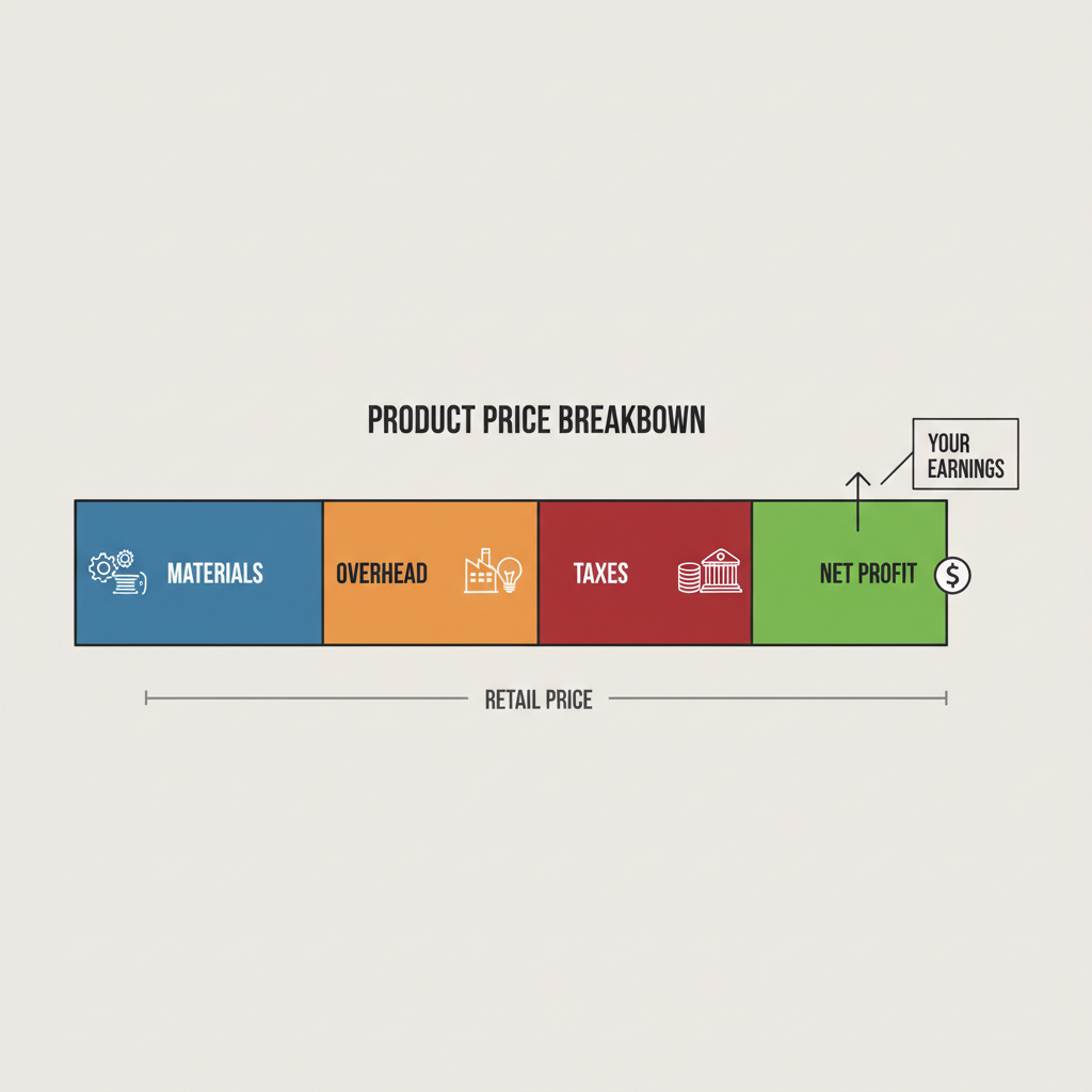 A breakdown of a product's price point including materials, overhead, taxes, and net profit.