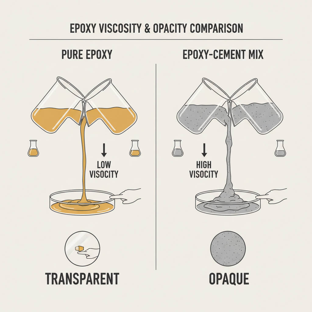 Comparison of pure epoxy vs. epoxy-cement mix showing viscosity and opacity differences