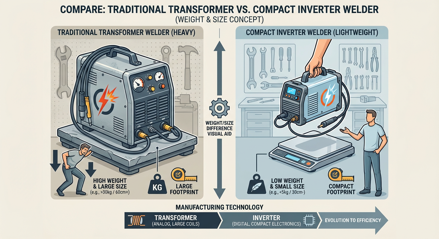 Comparison between a heavy traditional transformer welder and a compact handheld inverter welder