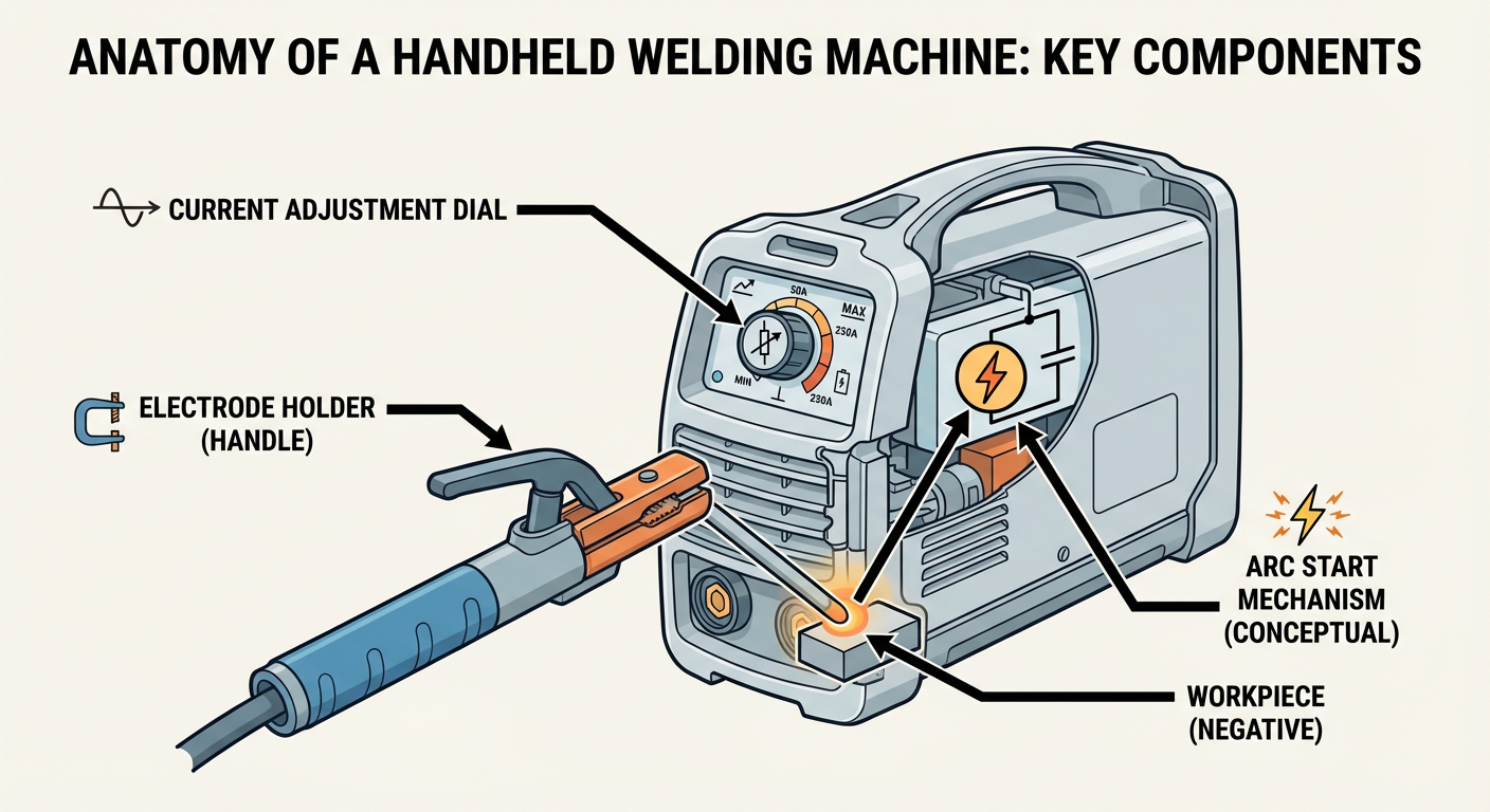 Anatomy of a handheld welding machine detailing the current adjustment dial and arc start mechanism