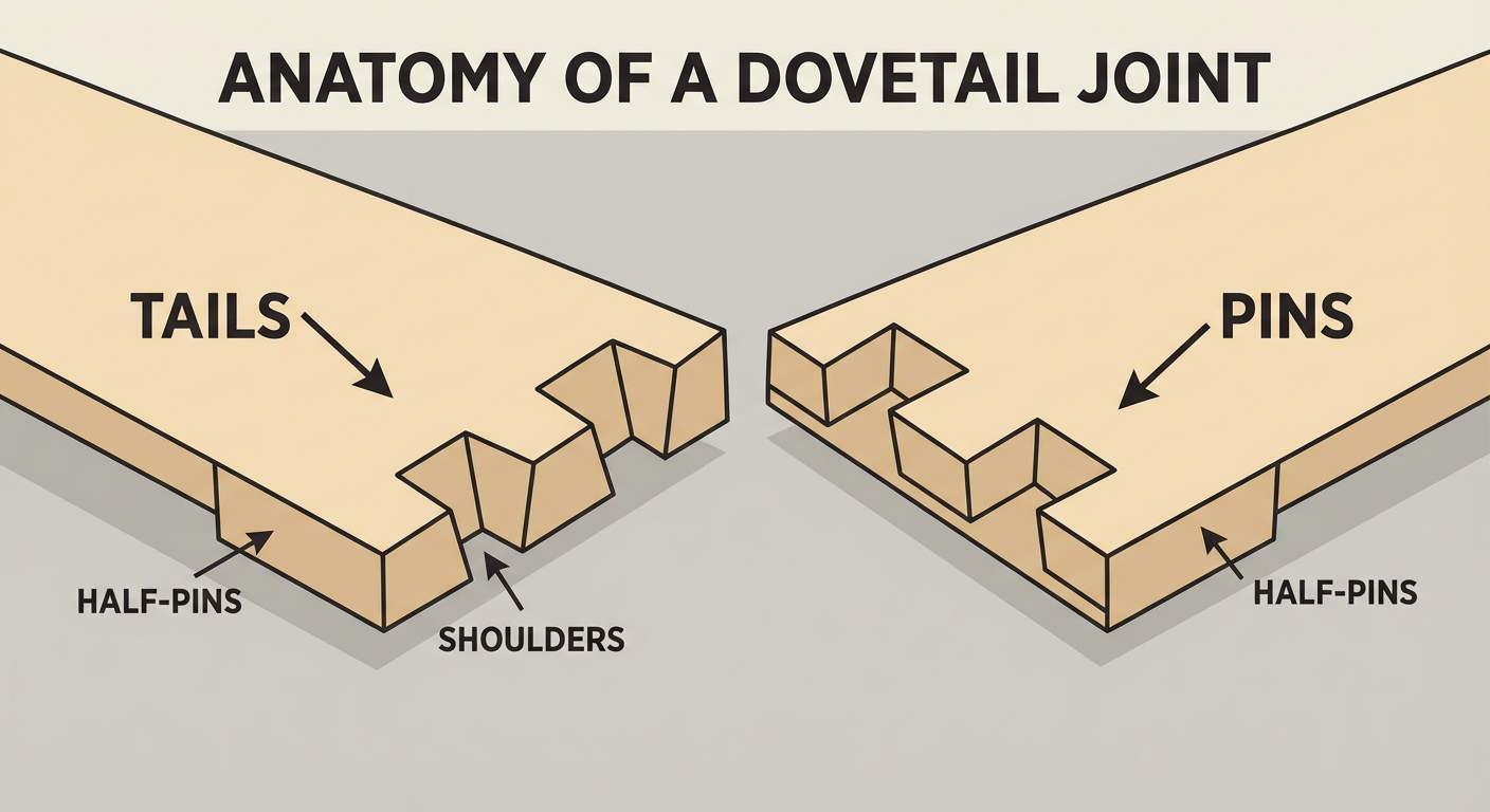 Anatomy of a dovetail joint showing tails, pins, and terminology