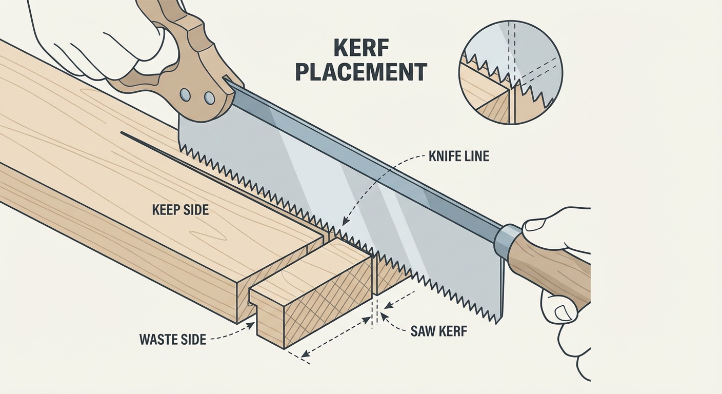 Proper saw alignment on the waste side of a layout line