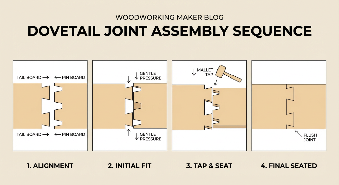 Step-by-step assembly of a dovetail joint highlighting the fit check