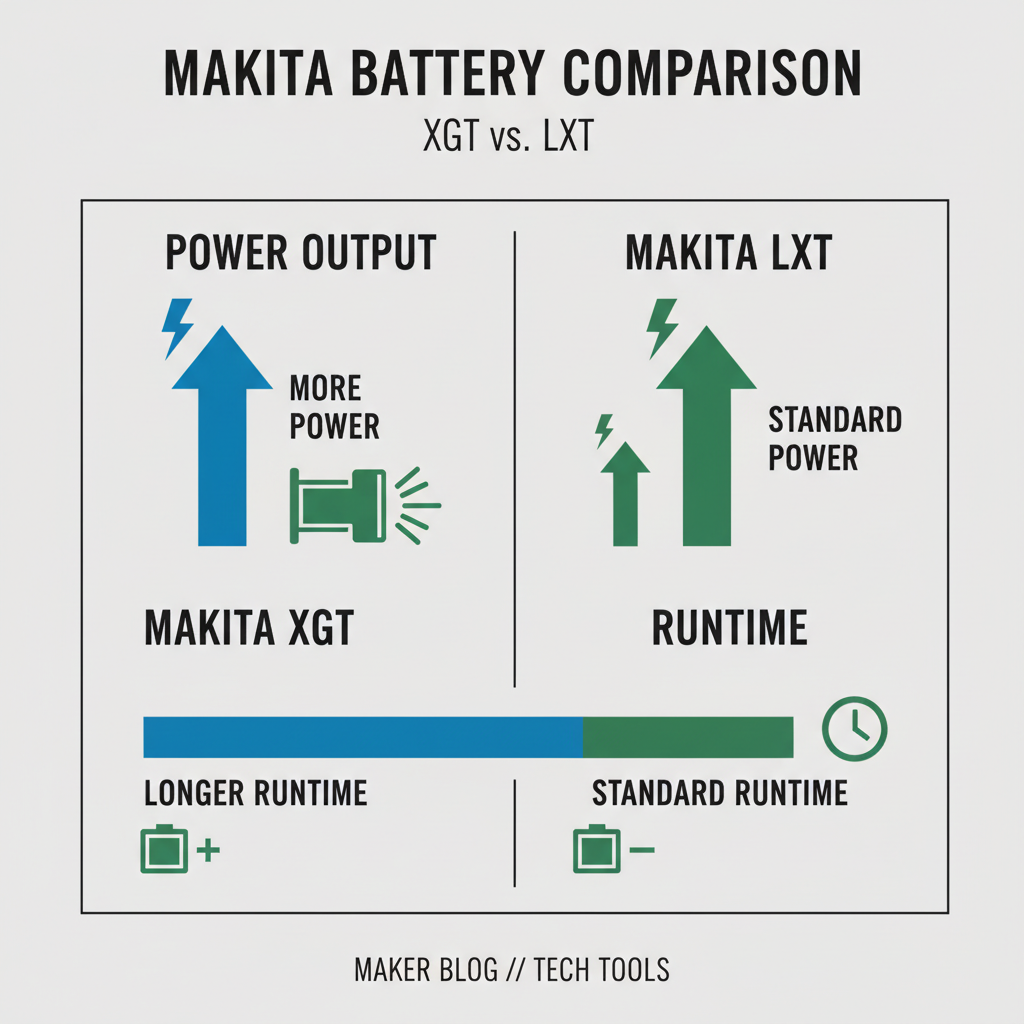 Comparison chart showing power output and runtime of Makita XGT batteries vs. standard LXT batteries