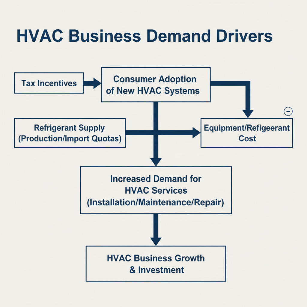 Flowchart showing the impact of tax incentives and refrigerant supply on HVAC business demand