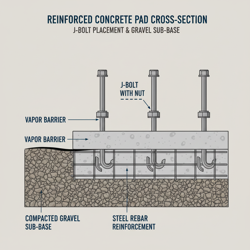 Cross-section of a reinforced concrete pad showing J-bolt placement and gravel sub-base
