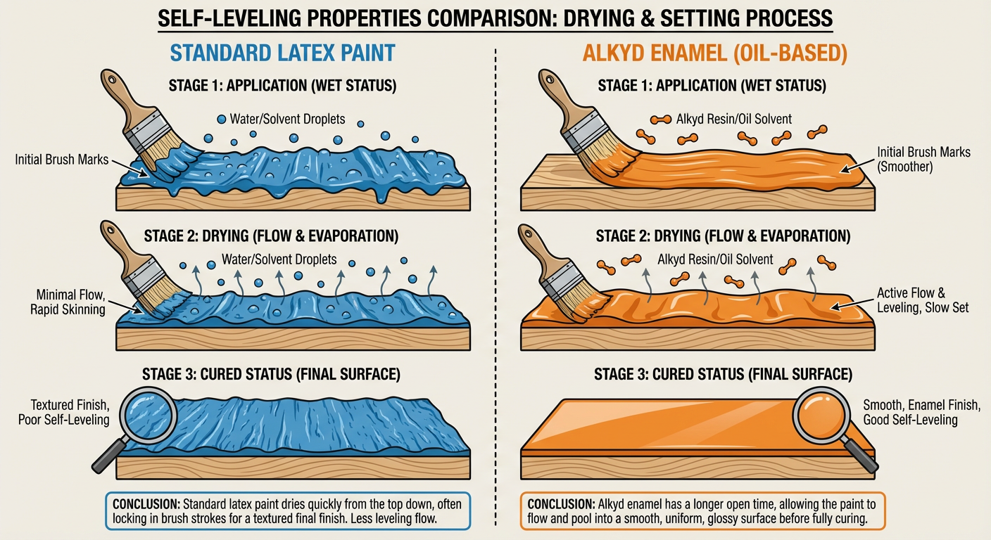 Comparison of how standard latex paint vs. alkyd enamel levels out on a surface
