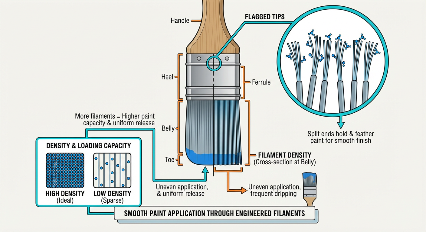 Anatomy of a high-quality paint brush showing flagged tips and filament density