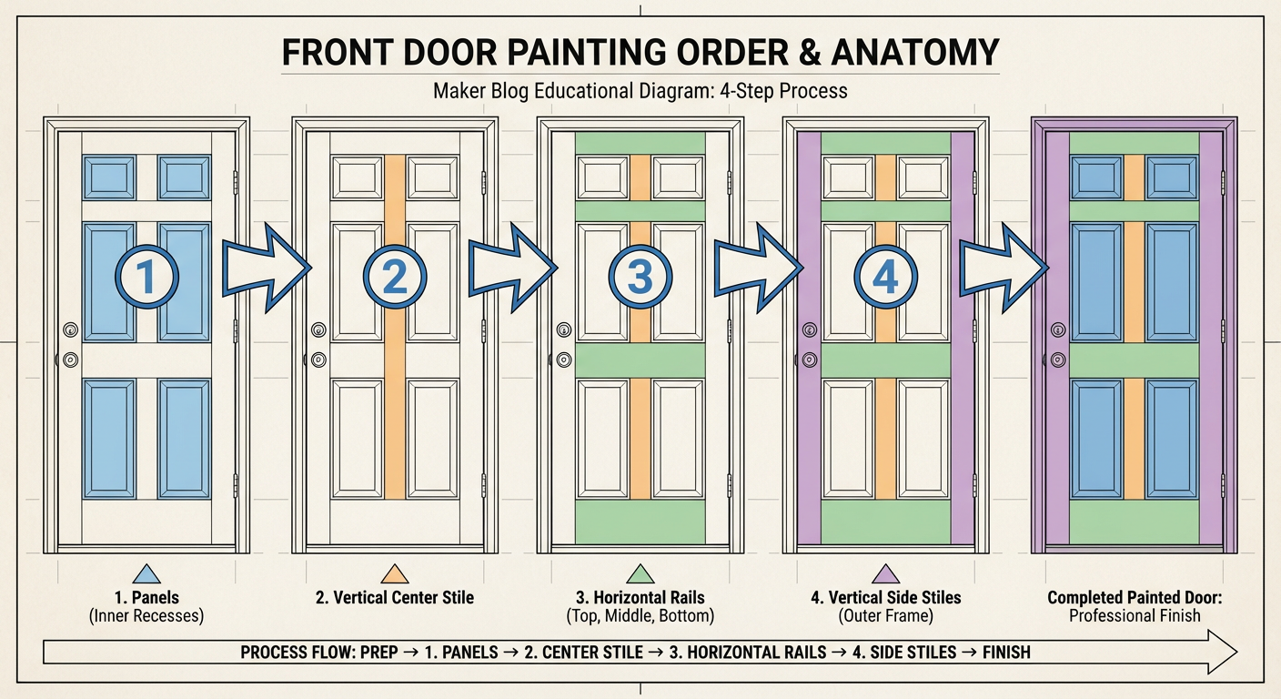 Anatomy of a door painting project showing which sections to paint first to avoid drips