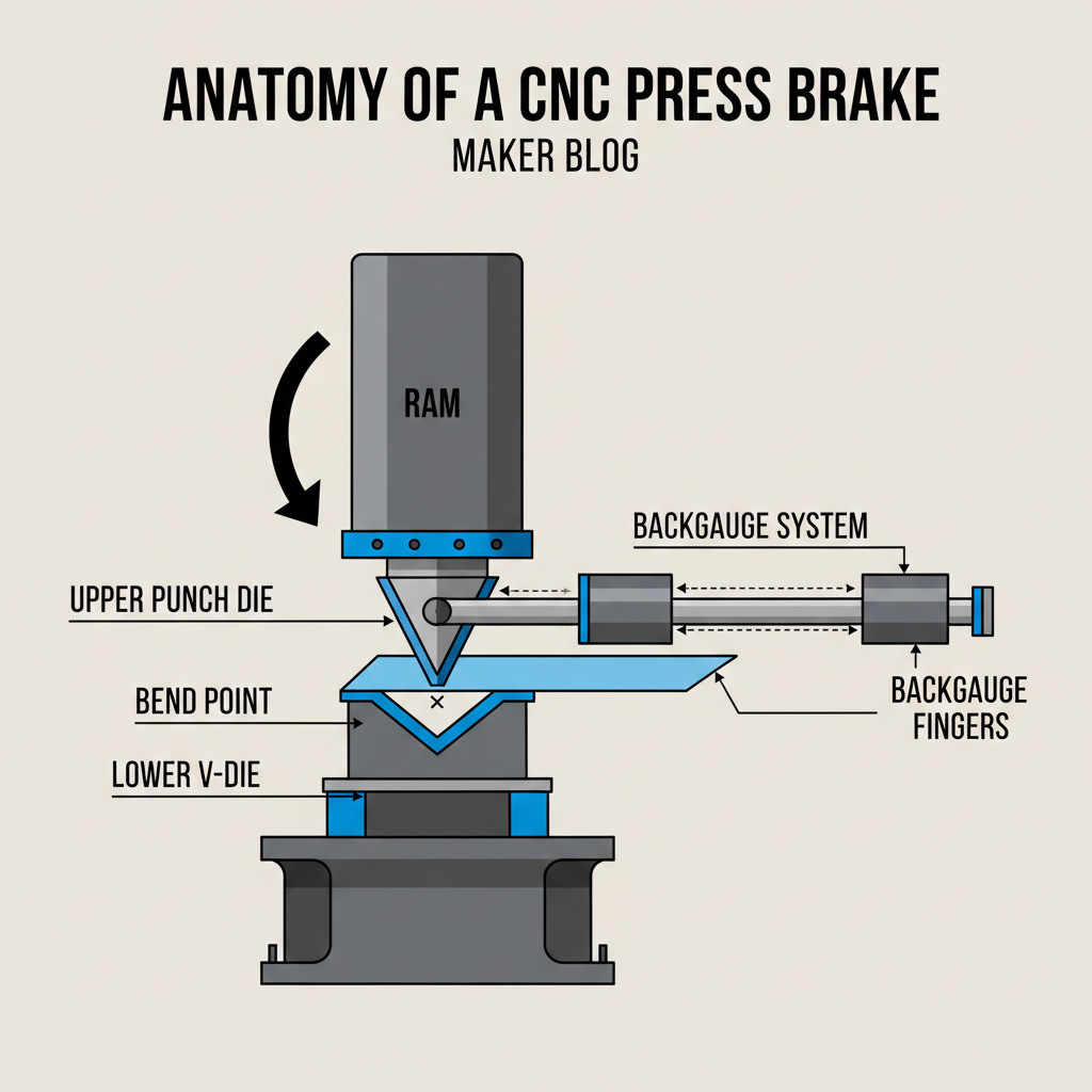 Anatomy of a modern CNC Press Brake illustrating the ram, die, and backgauge system
