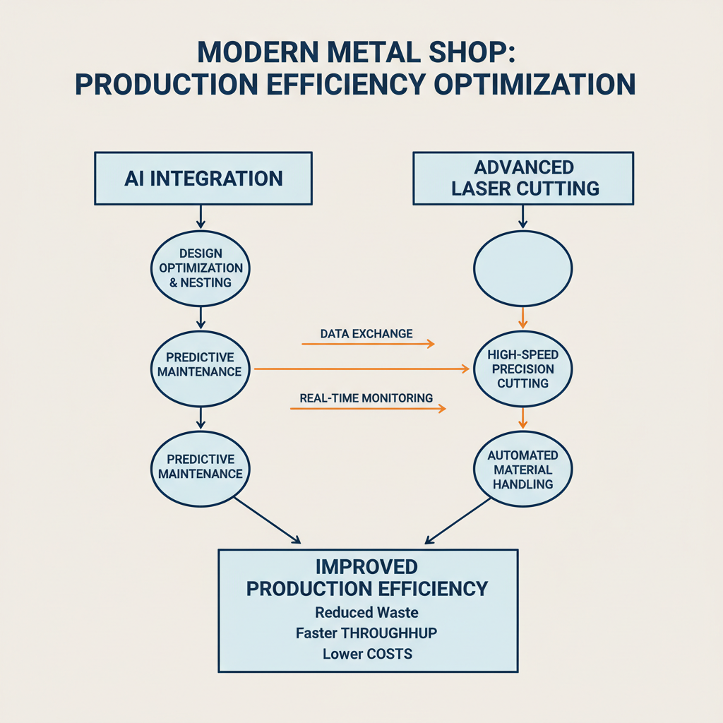Flowchart showing how AI integration and advanced laser cutting improve production efficiency in a modern metal shop