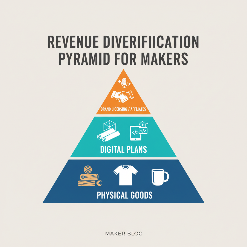 Revenue diversification pyramid for makers: Physical Goods at the base, Digital Plans in the middle, and Brand Licensing/Affiliates at the top