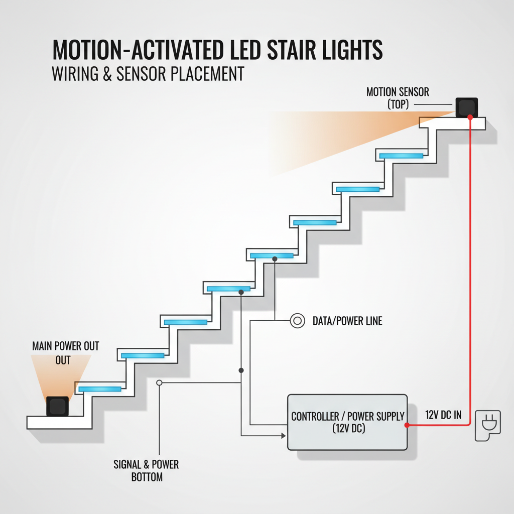 Wiring diagram for a motion-activated LED stair system showing sensor placement and power supply
