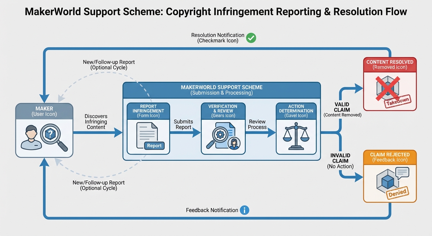 Flowchart showing how a maker reports and resolves a copyright infringement through the MakerWorld Support Scheme