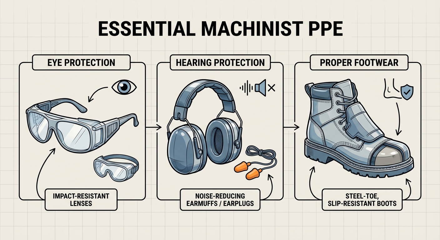 Essential personal protective equipment for a machinist, including eye protection, hearing protection, and proper footwear