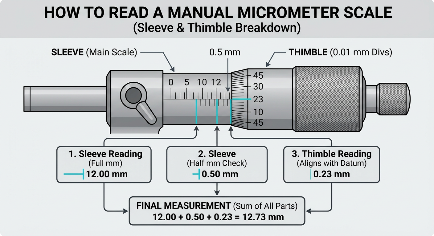 How to read a manual micrometer scale with a breakdown of the sleeve and thimble markings