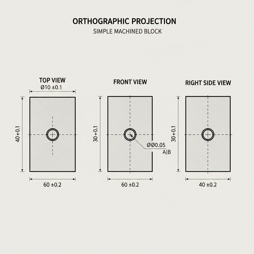 An orthographic projection showing a simple machined block from top, front, and side views with basic dimension lines