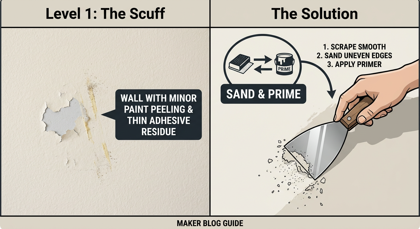 A split-screen comparison: Left side shows a close-up of a wall with minor paint peeling and thin adhesive residue, labeled 