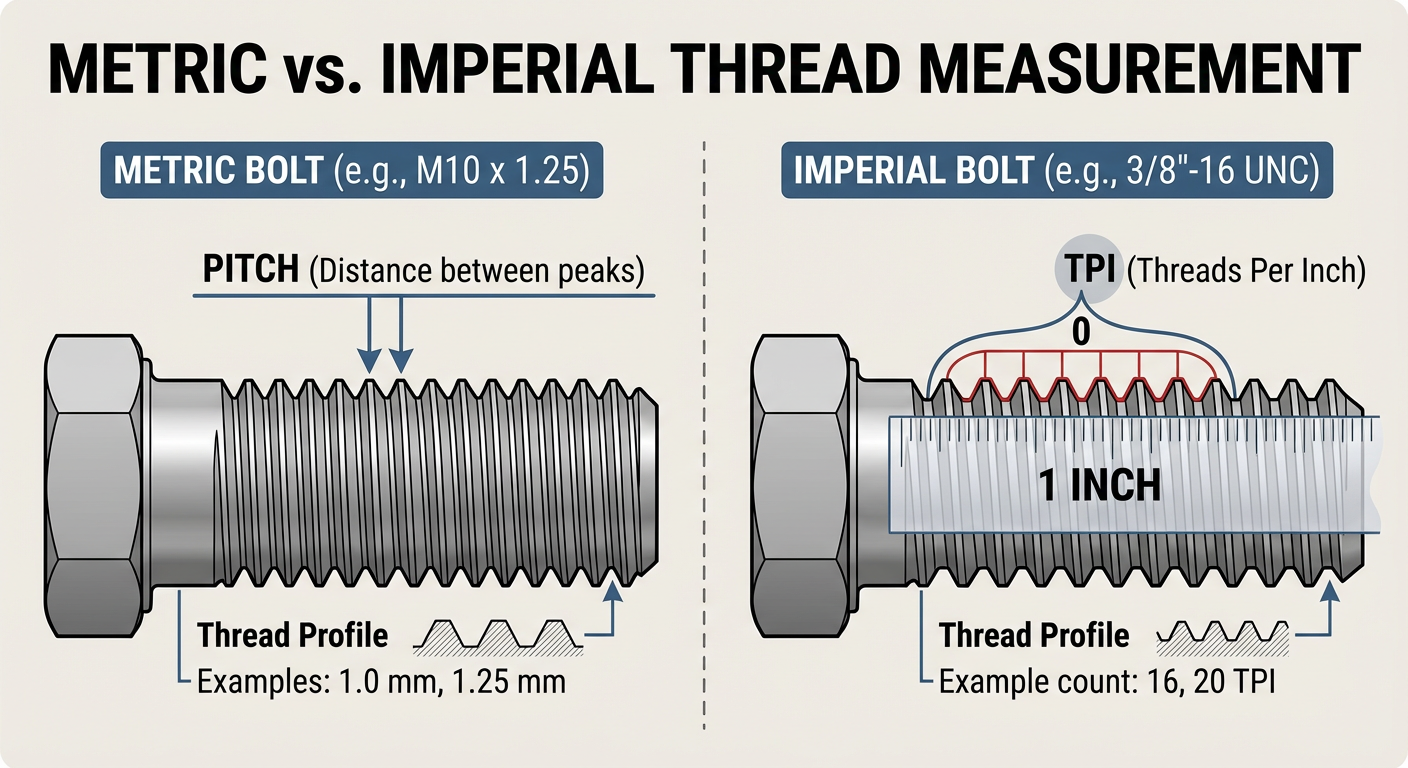 Side-by-side comparison of a Metric bolt and an Imperial bolt, highlighting 'pitch' as the distance between peaks vs 'TPI' as the count of peaks within an inch measure.