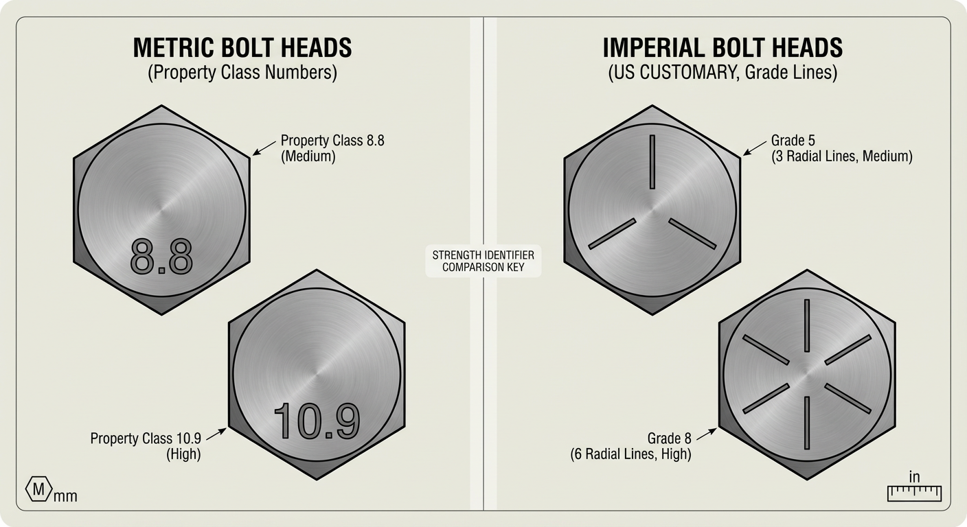 A visual key showing Metric bolt head markings (numbers) versus Imperial bolt head markings (grade lines/dashes).