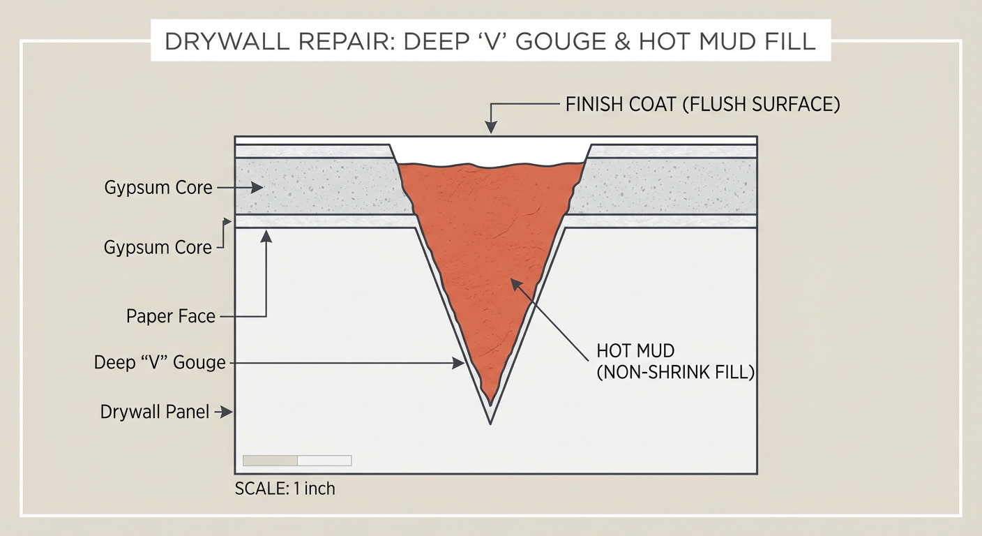 A cross-section diagram of a drywall sheet with a V-shaped gouge. The bottom of the V is filled with a colored material labeled 