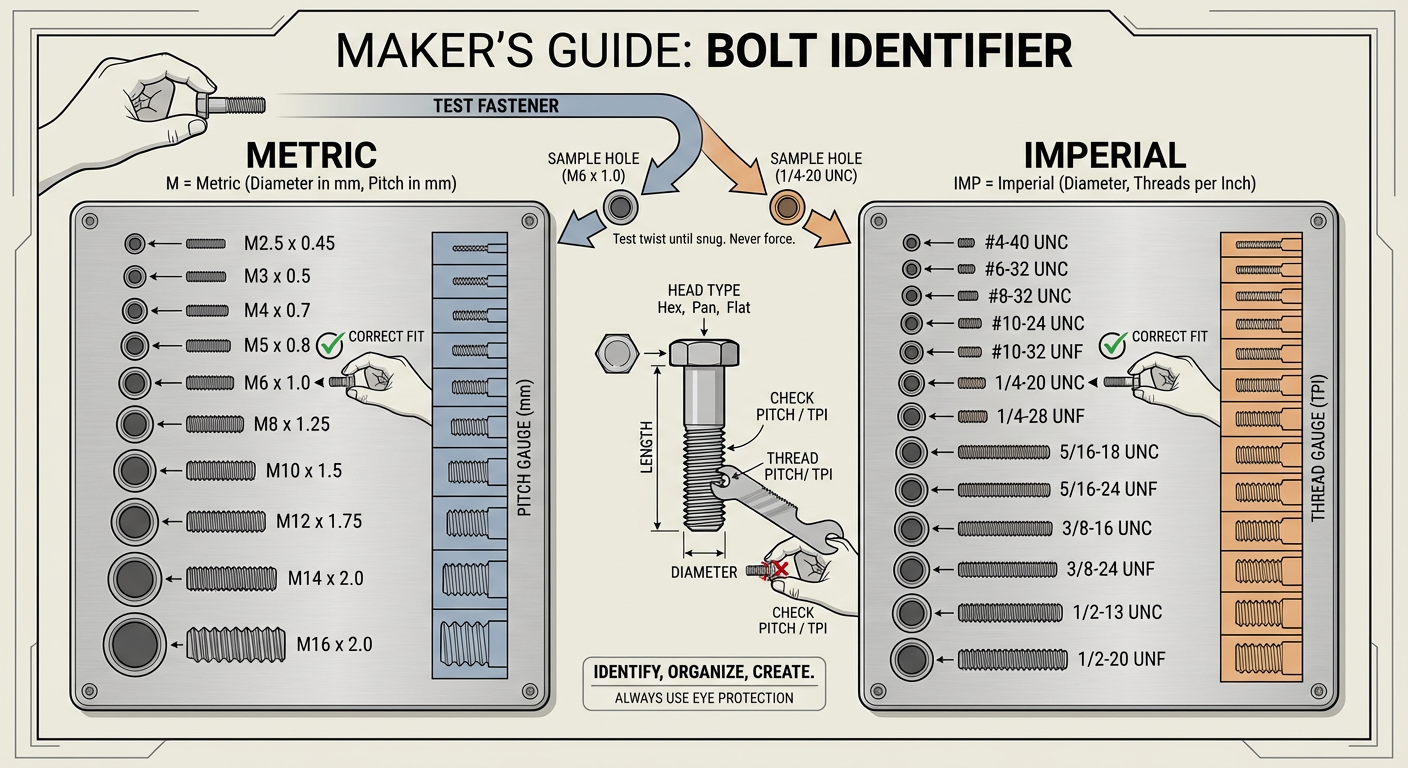 A shop-wall 'Bolt Identifier' board showing how to test a bolt by screwing it into labeled Metric and Imperial holes.