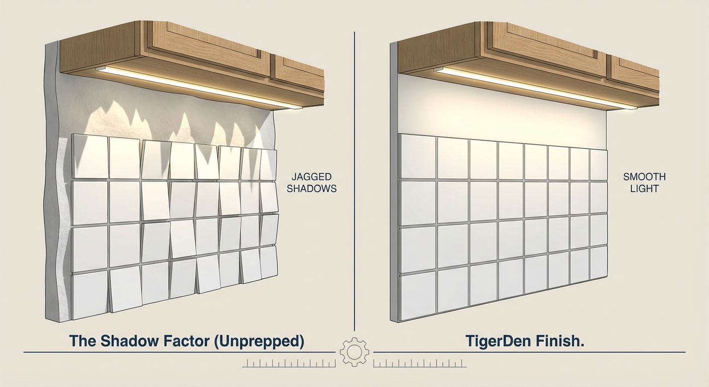 A 3D render of a tiled kitchen backsplash with LED lights. The left side shows 