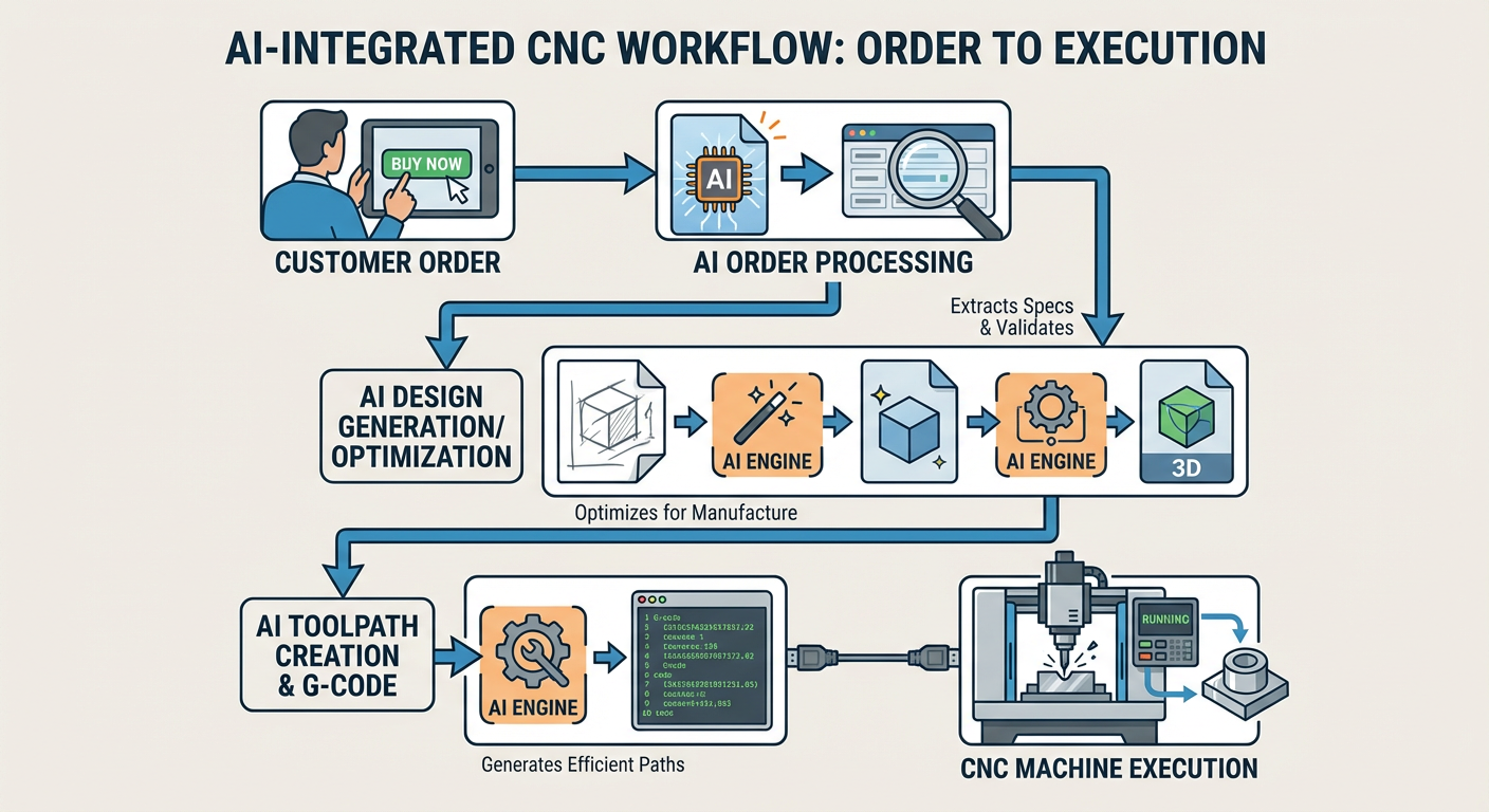 Flowchart showing the integration of AI software from customer order to CNC machine execution