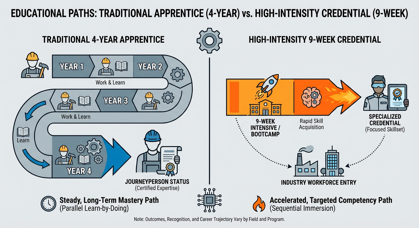 Comparison of traditional 4-year apprenticeships vs. new high-intensity 9-week credential programs