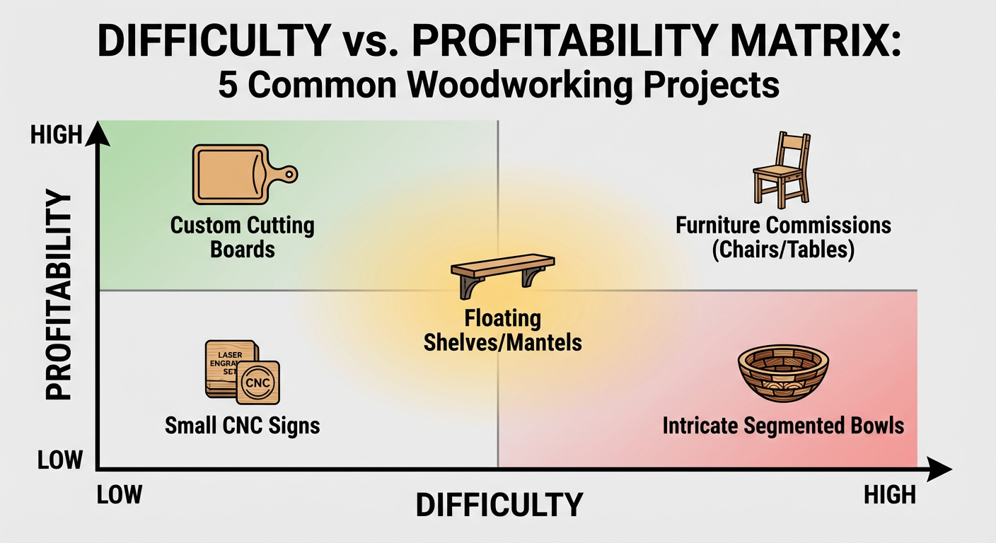 Difficulty vs. Profitability matrix for 5 common woodworking projects