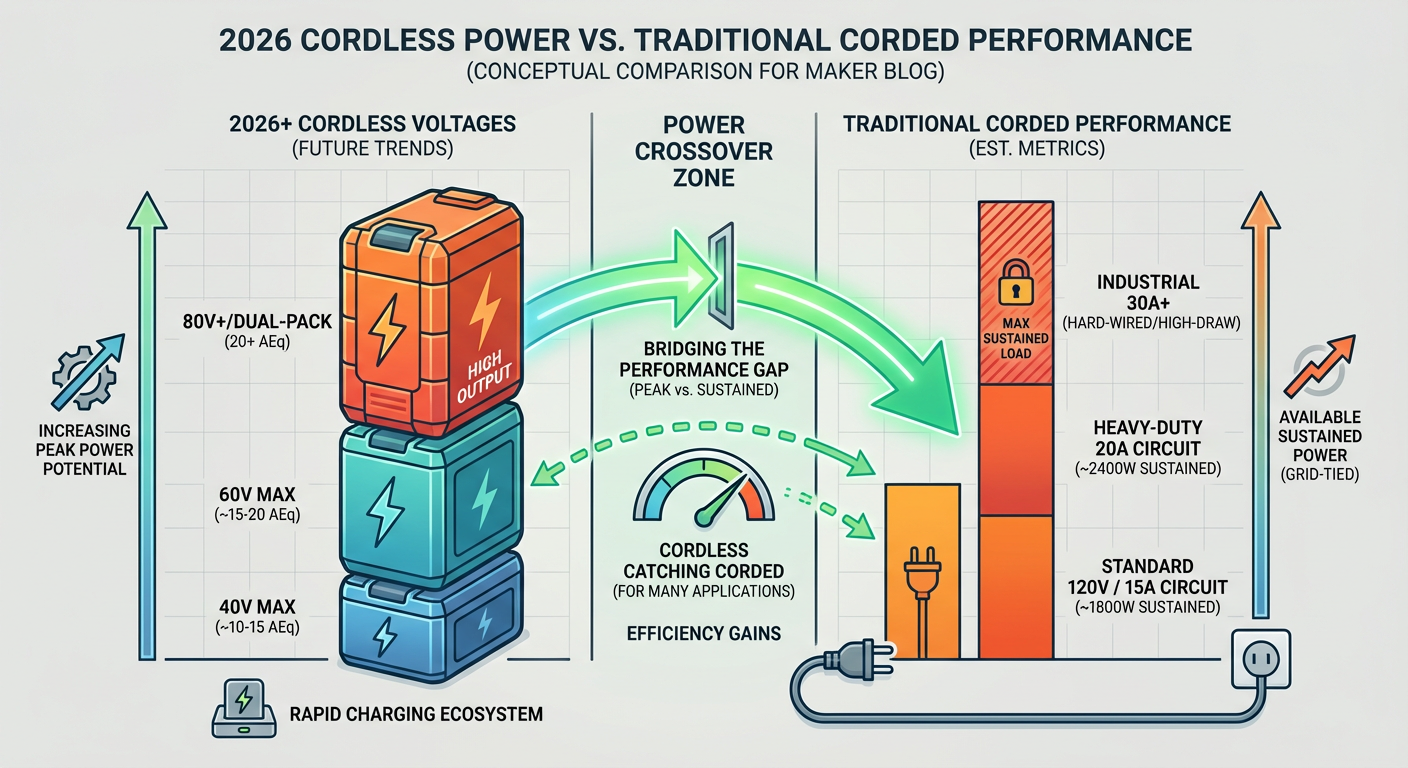 Comparison chart of 2026 cordless tool battery voltages vs. traditional corded performance metrics